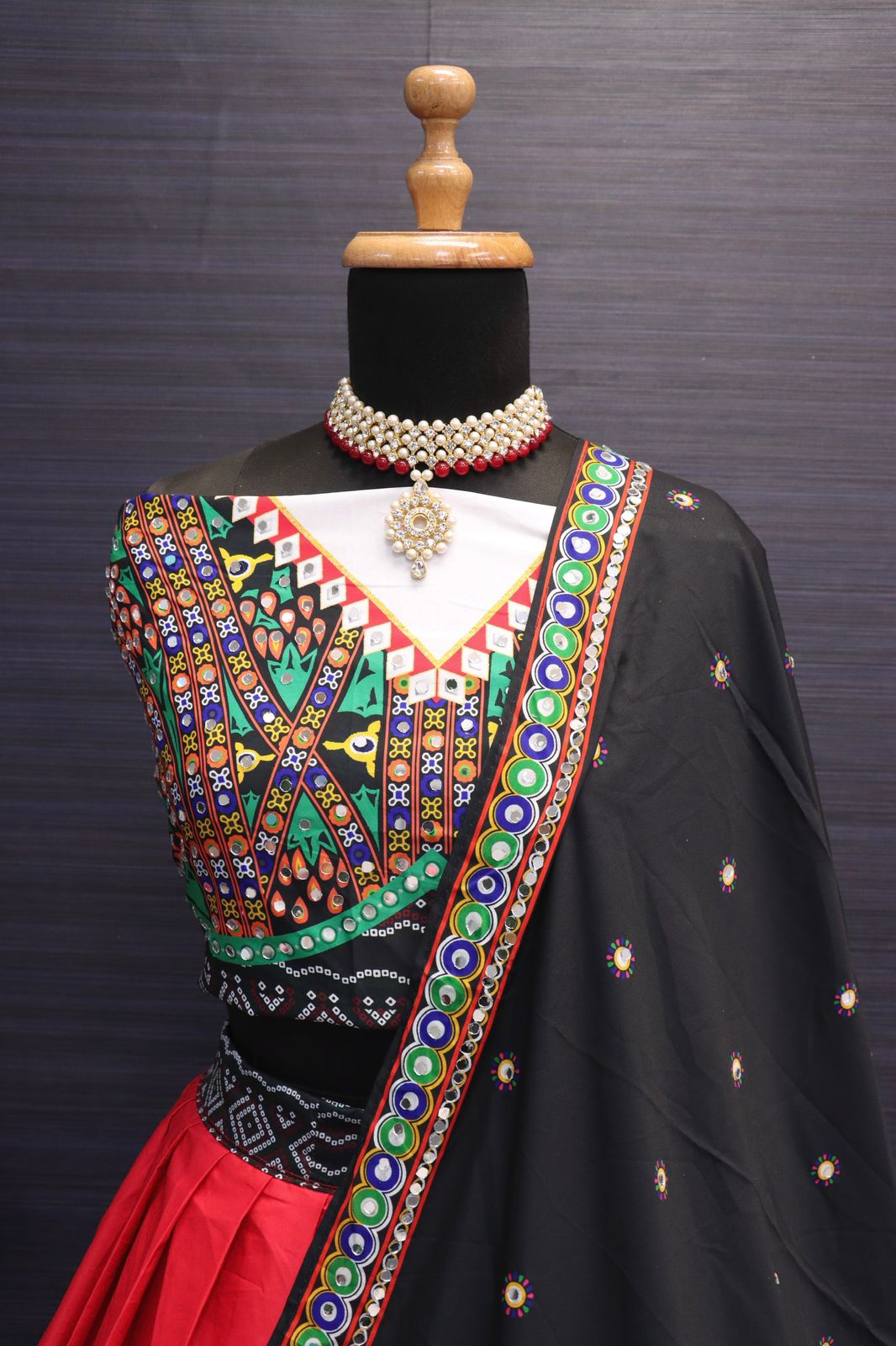 Navratri Special Black and Red Designer Lehenga Choli With Printed Butter Silk Material, Zari And Mirror Work