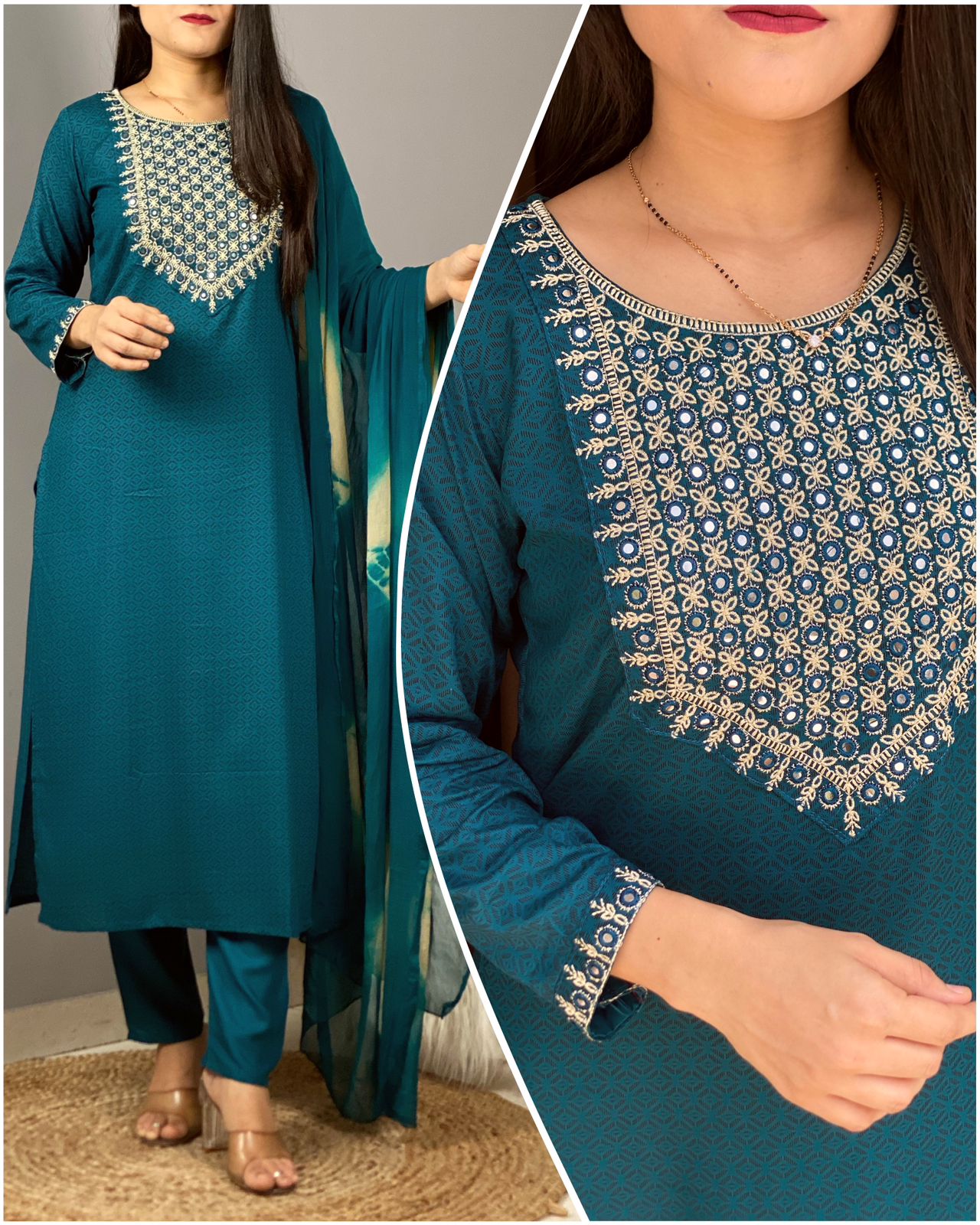 perfect kurti set for daily use with some elegant touch of embroidery.