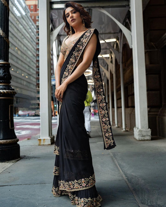 New Look Black Georgette Saree with Blouse Indian Wedding Saree Sabyasachi Saree Designer Saree