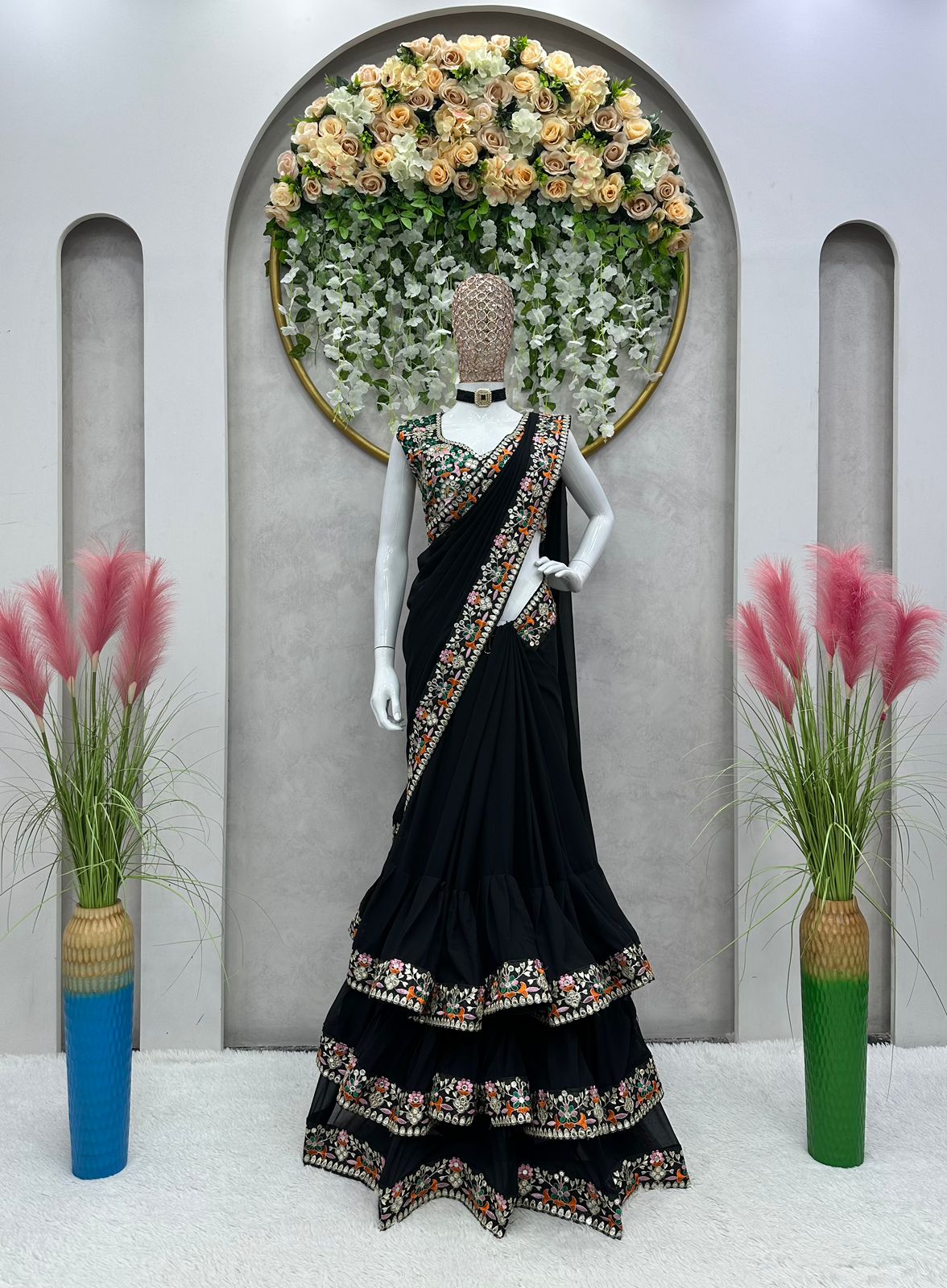 Cream black decent lehenga saree - New India Fashion