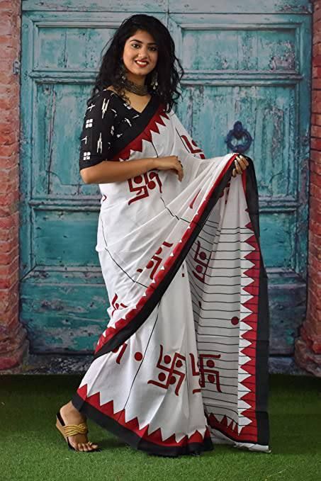 White Soft Cotton Saree With Red Border In Traditional Print