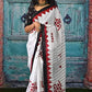 White Soft Cotton Saree With Red Border In Traditional Print