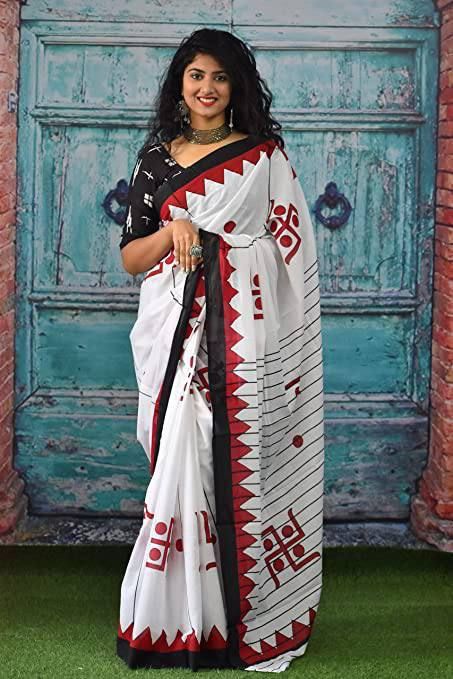 White Soft Cotton Saree With Red Border In Traditional Print