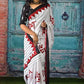 White Soft Cotton Saree With Red Border In Traditional Print