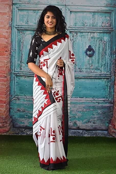 White Soft Cotton Saree With Red Border In Traditional Print