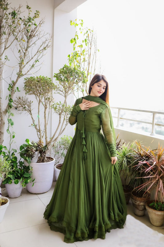 Premium Indian Full Flared Vibrant Green Angrakha Style Anarkali Kurta set