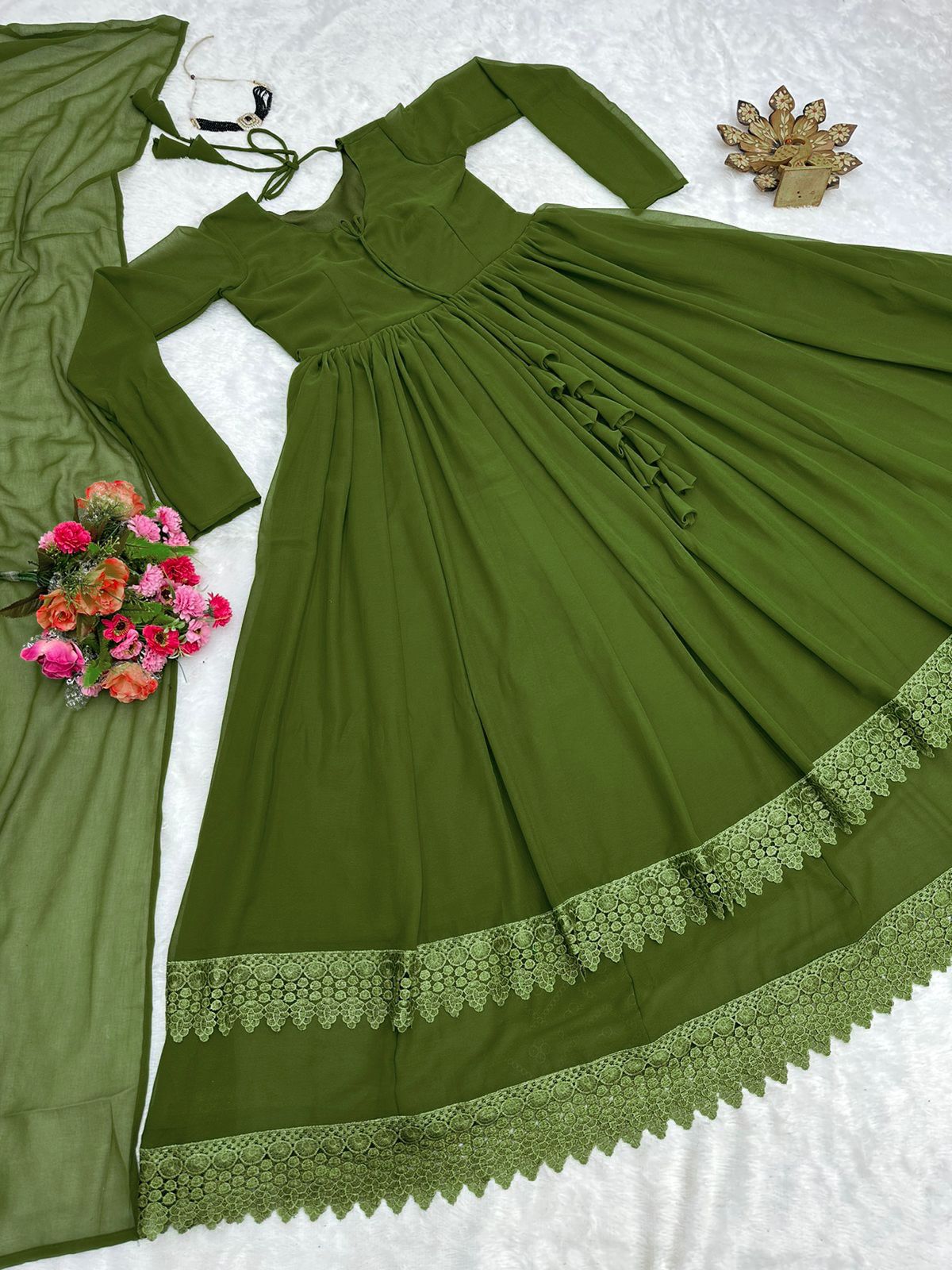 Premium Indian Full Flared Vibrant Green Angrakha Style Anarkali Kurta set