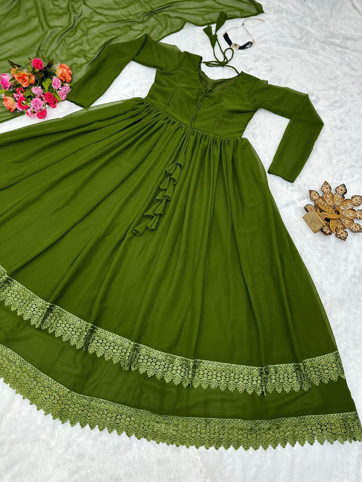 Premium Indian Full Flared Vibrant Green Angrakha Style Anarkali Kurta set