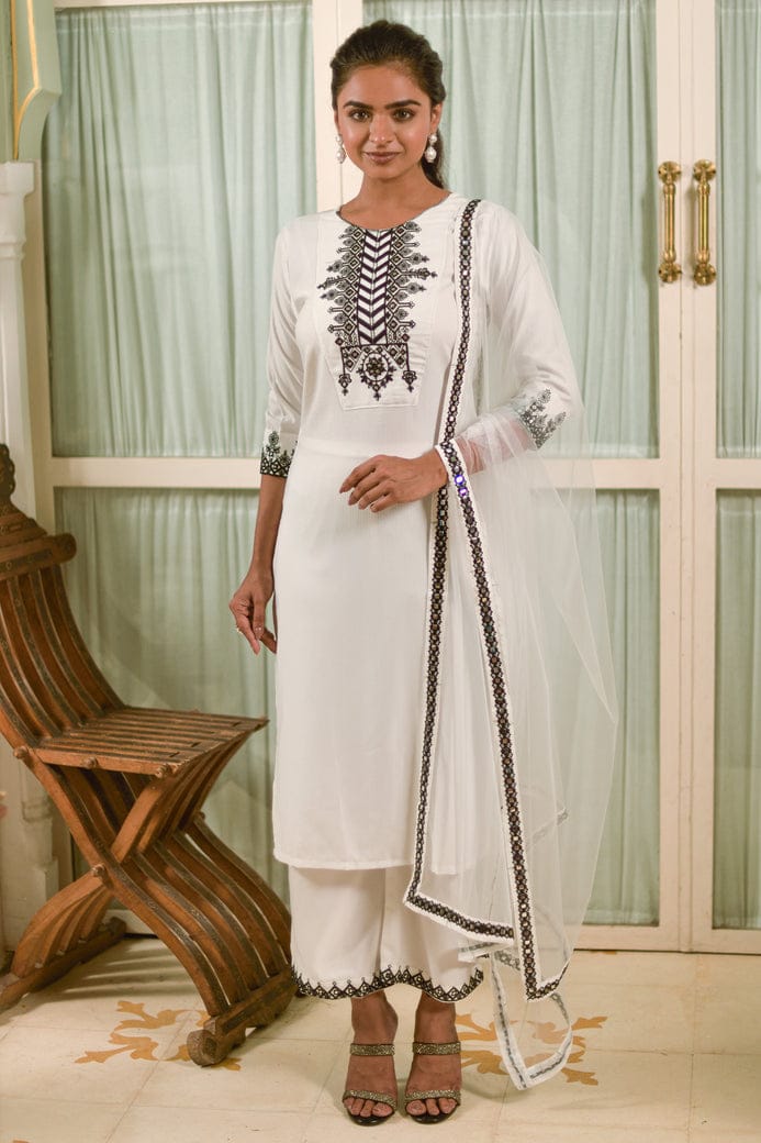 White Self Design Embroidered Kurta Dupatta Set