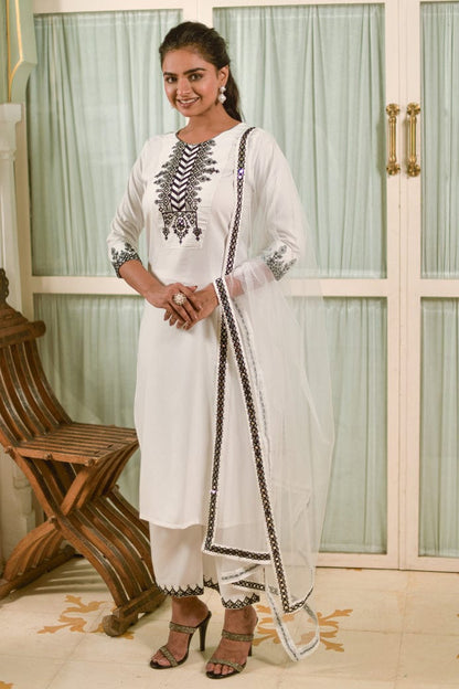 White Self Design Embroidered Kurta Dupatta Set