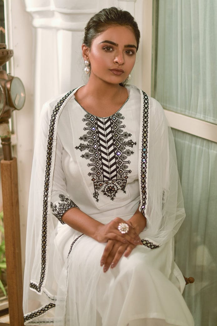 White Self Design Embroidered Kurta Dupatta Set