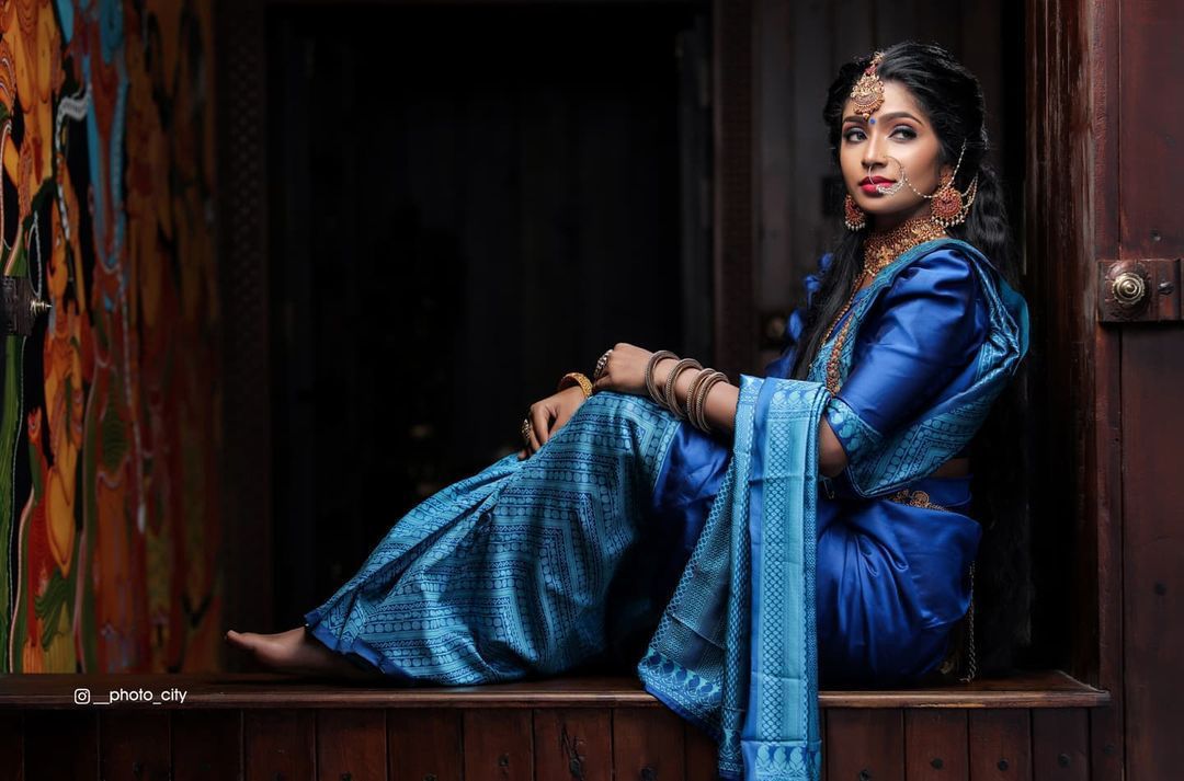 Contrast Blouse for Blue Silk Saree | Navy Blue Designer Saree