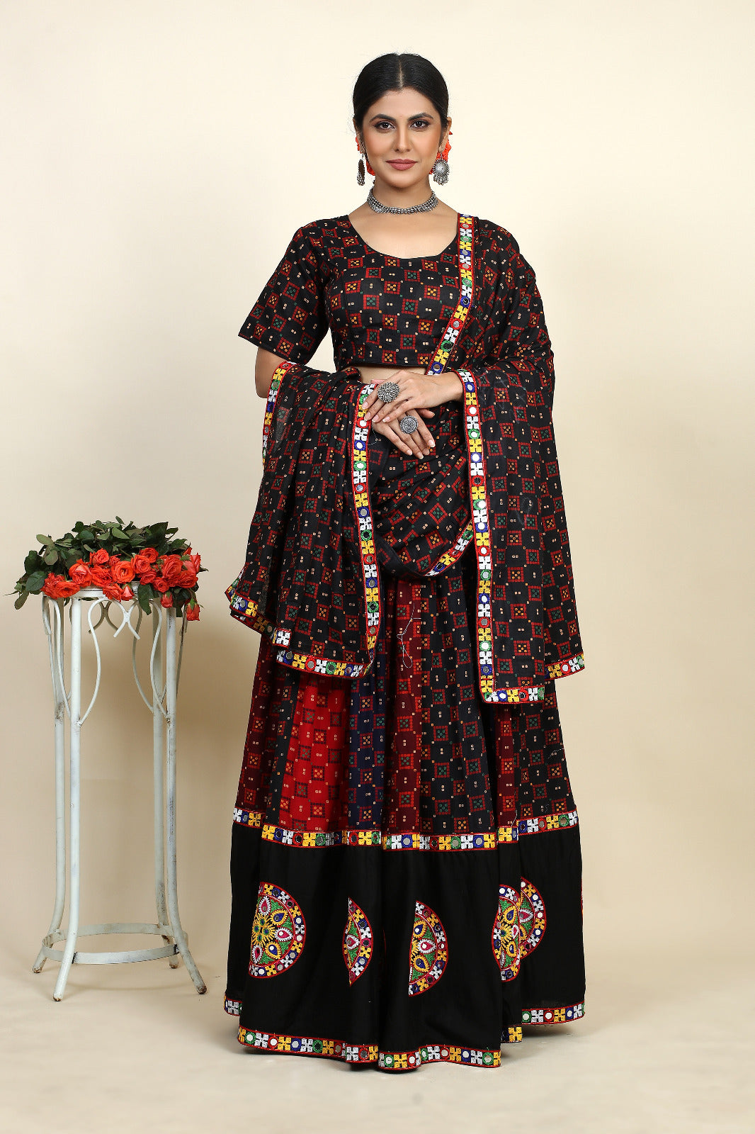 Maroon color cotton rayon navratri lehenga choli in embroidered and printed work