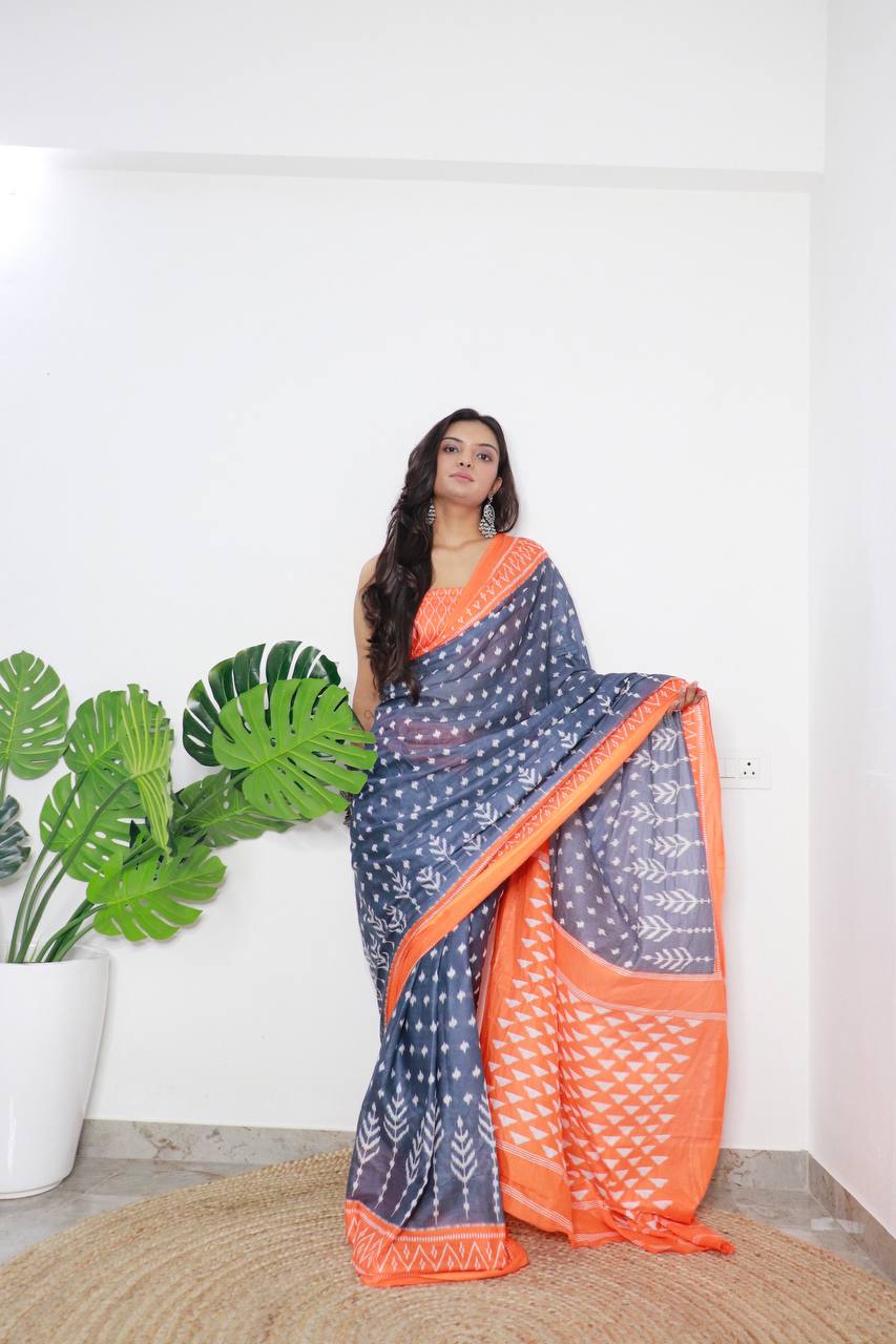 Women's Hand Block Printed Cotton Mulmul Saree With Blouse