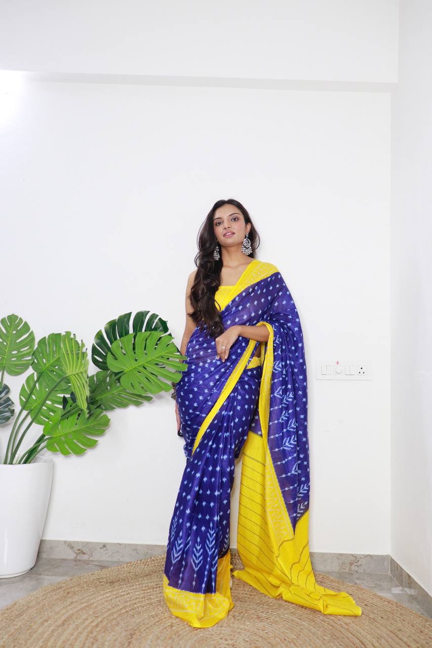 Women's Hand Block Printed Cotton Mulmul Saree With Blouse
