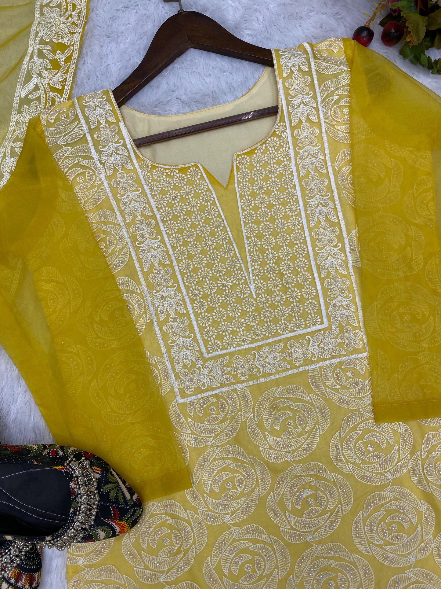 Yellow Mirror Embroidered Organza Suit