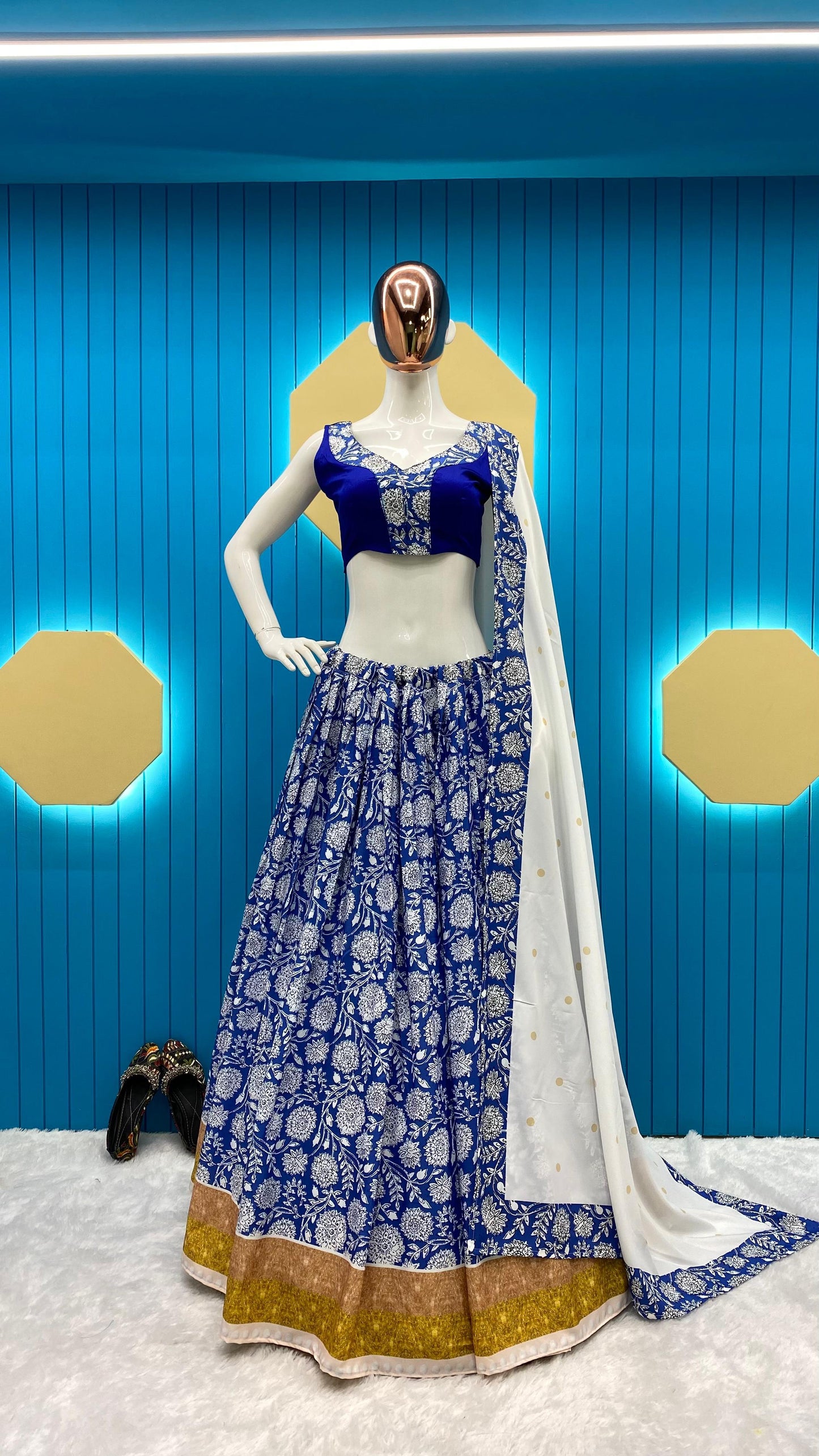 Blue  Croeape With Printed work  Lehenga choli