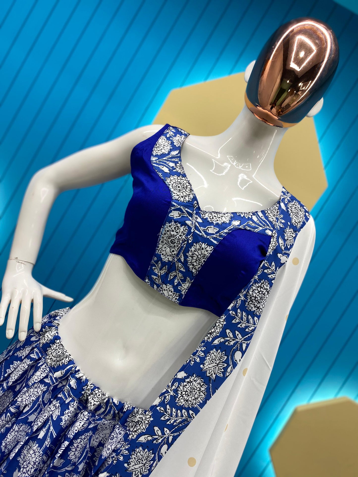 Blue  Croeape With Printed work  Lehenga choli