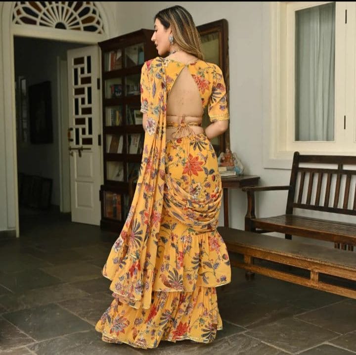 Buy Startling Yellow Colored Soft Net Embroidered Saree And Bangoli Silk  Blouse | Lehenga-Saree