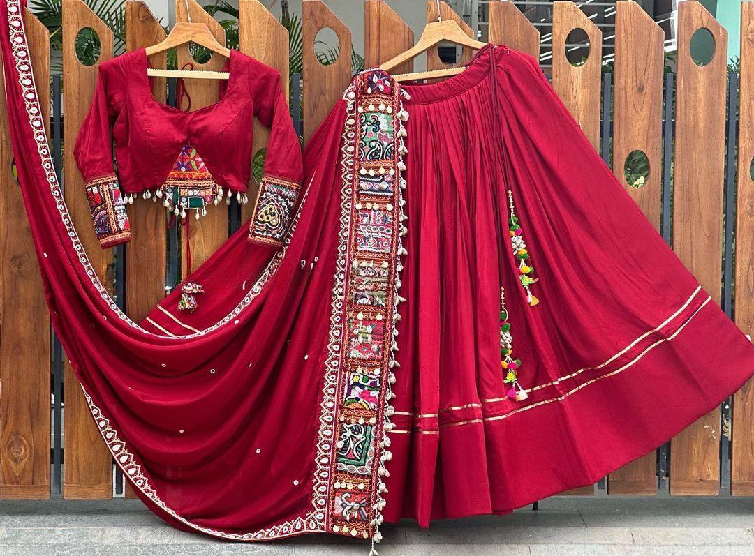 Navratri Special Red Chaniya Choli For Garba, Pure Reyon Readymade Navratri Lehenga, Full flare lehenga, real mirror work embroidered blouse