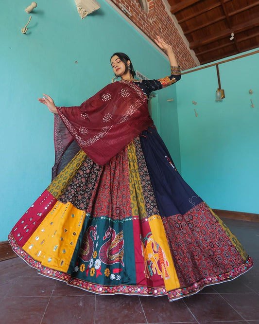 Navaratri Special Silk Lehenga Choli & Dupatta In Digital Print With Glued Real Mirror Work For Women