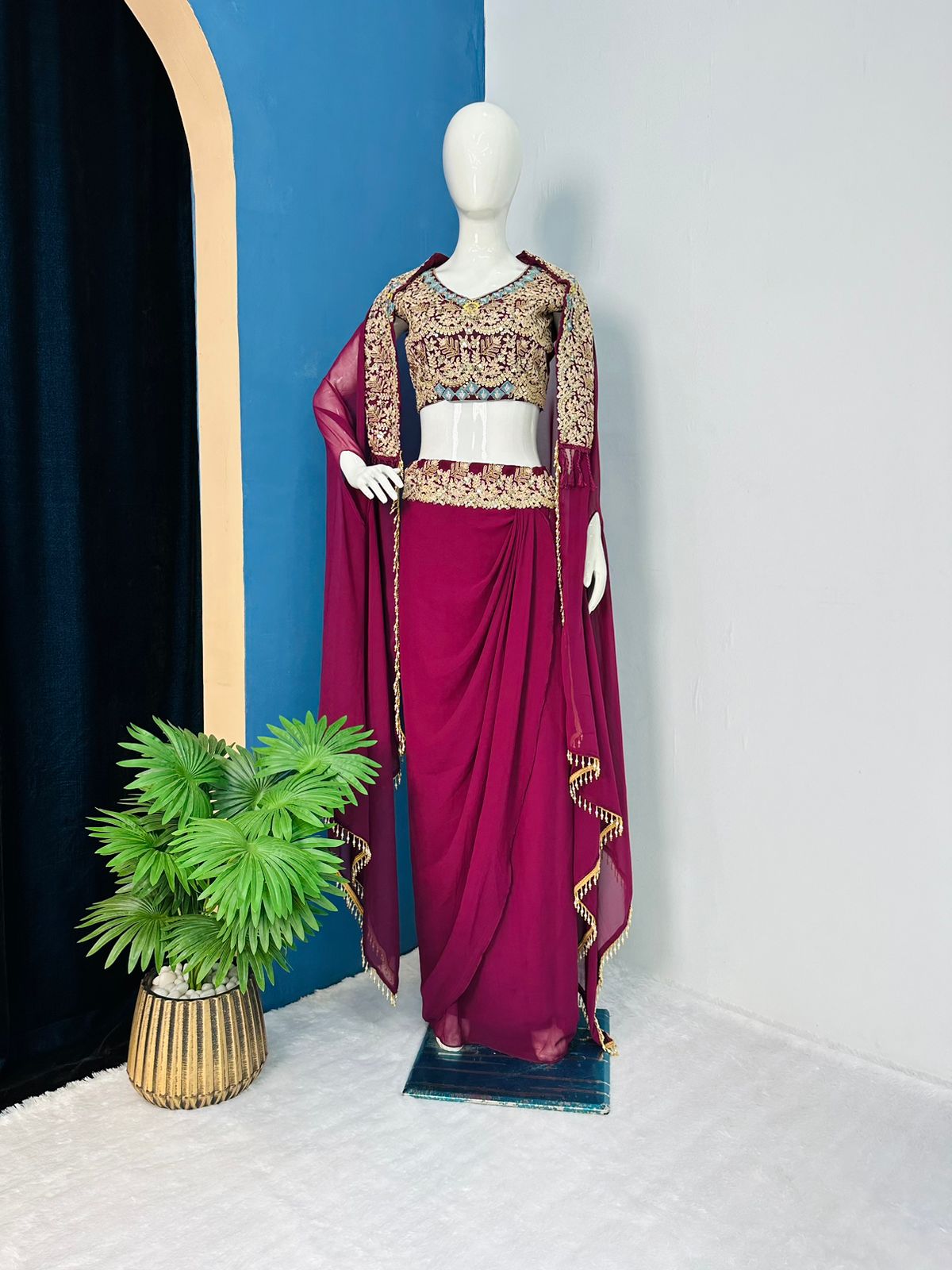Buy Mocha Brown Gown With A Pre-Pleated Dhoti Skirt And Royal Cape Sleeves  - NOOR 2022