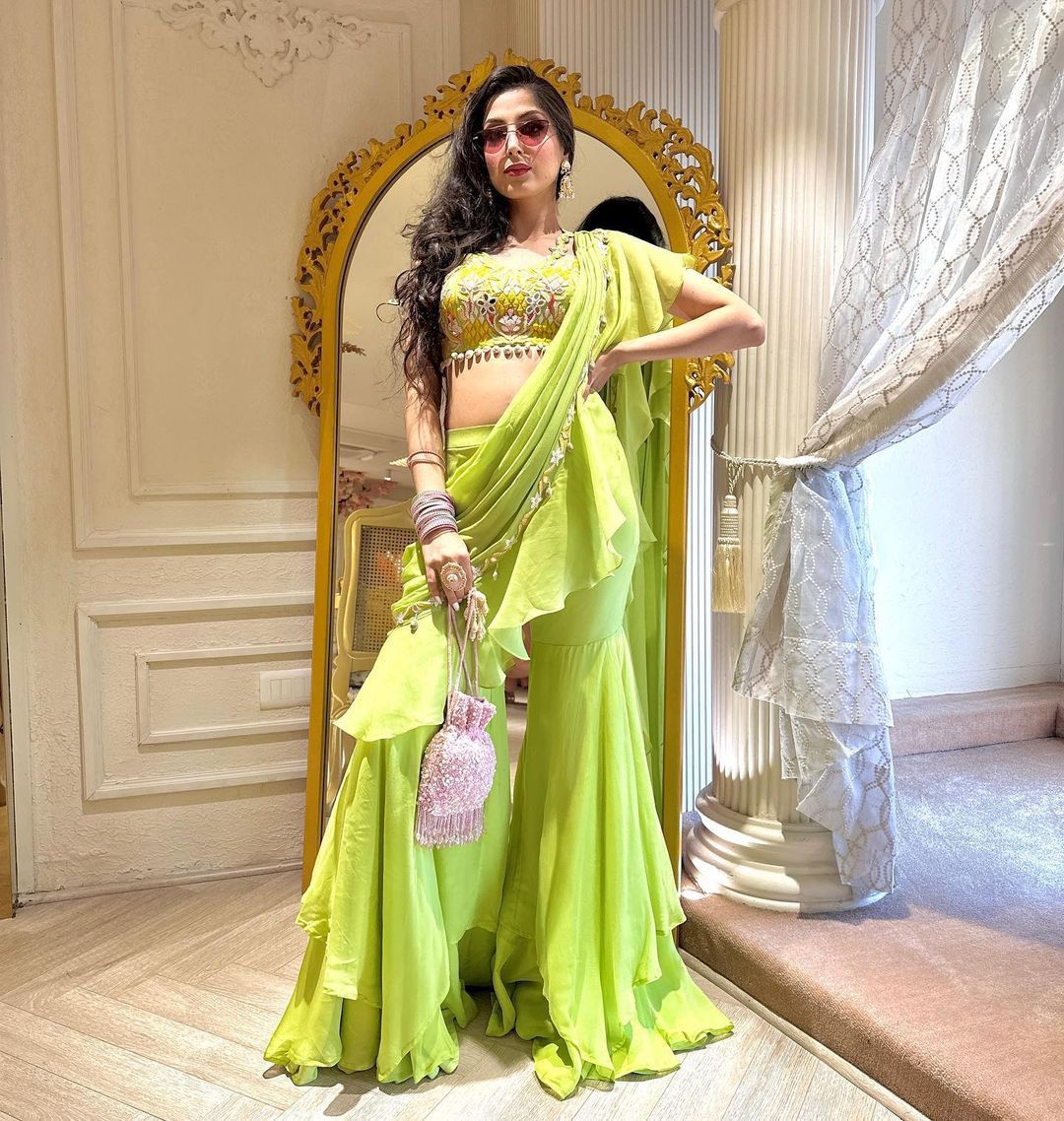 New Super Trending Embroidery cording work ready to wear Palazzo saree with Ruffles Saree