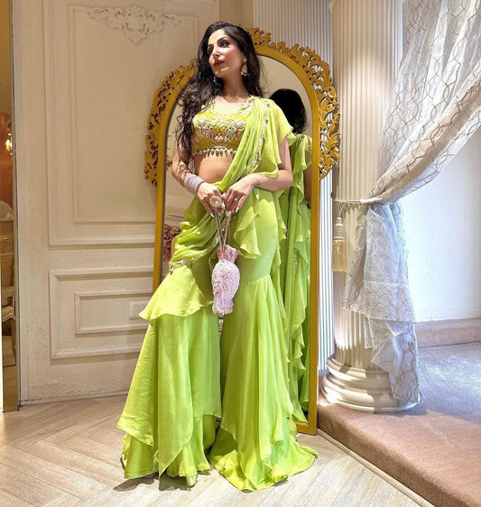 New Super Trending Embroidery cording work ready to wear Palazzo saree with Ruffles Saree