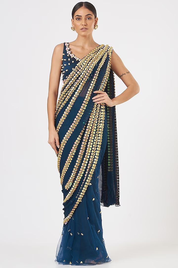 Blue Embroidered Saree Set