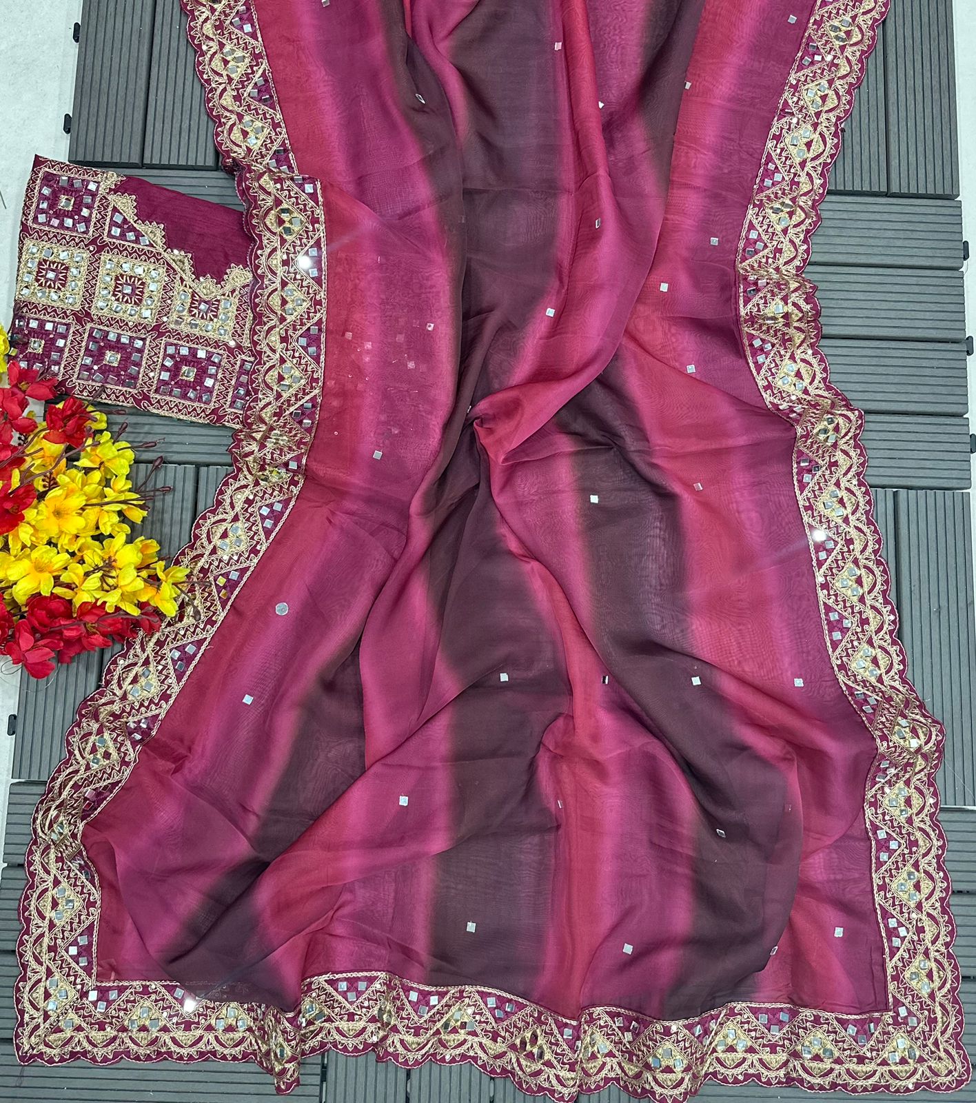 Womens Heavy Degital Jamaika Fabric Saree And Sequein Embroidery And Real Mirror Work