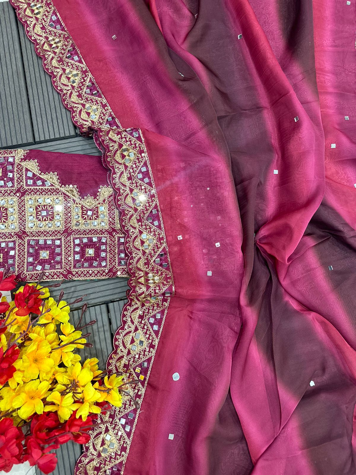 Womens Heavy Degital Jamaika Fabric Saree And Sequein Embroidery And Real Mirror Work