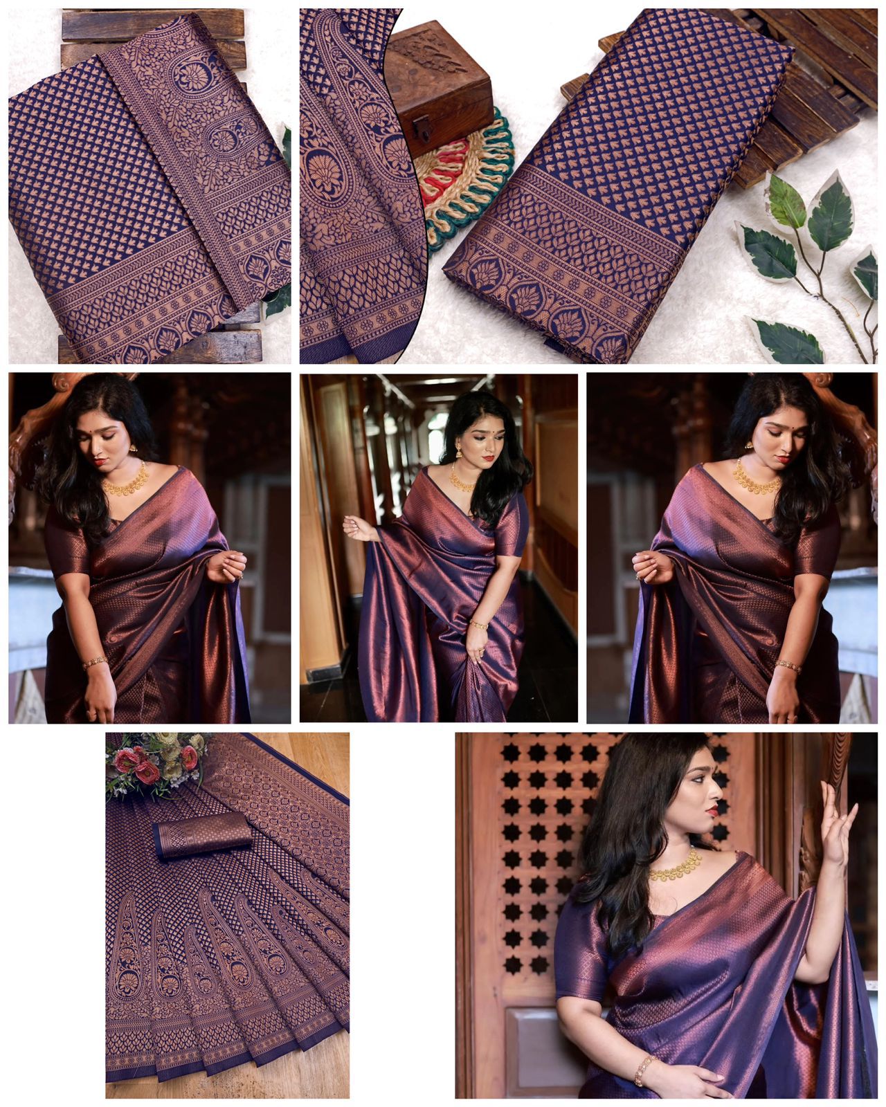 kanchipuram Kanjivaram Lichi Traditional Style Silk Saree With Unstitched Blouse Piece Navy Blue Copper