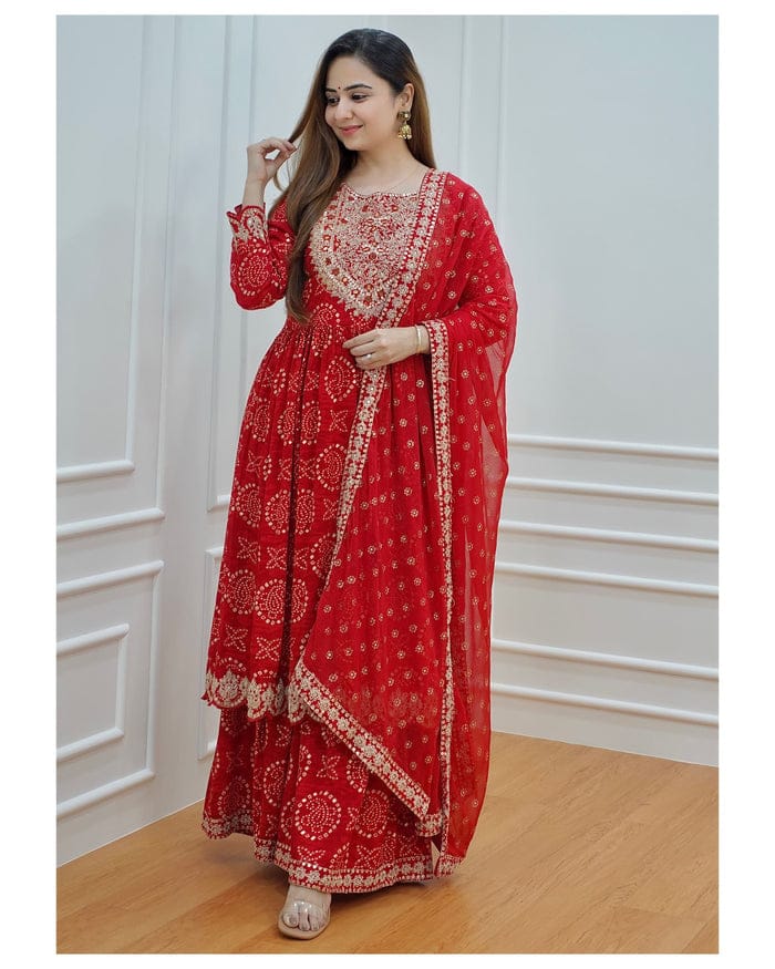 Bandhani Gold zari Embroidery and Sequence Work Red Color Kurti With Sharara & Dupatta Suit Set