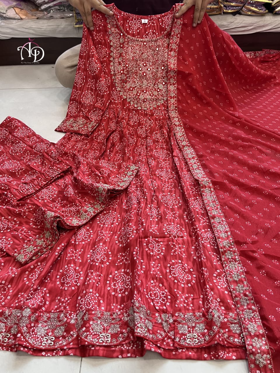 Bandhani Gold zari Embroidery and Sequence Work Red Color Kurti With Sharara & Dupatta Suit Set