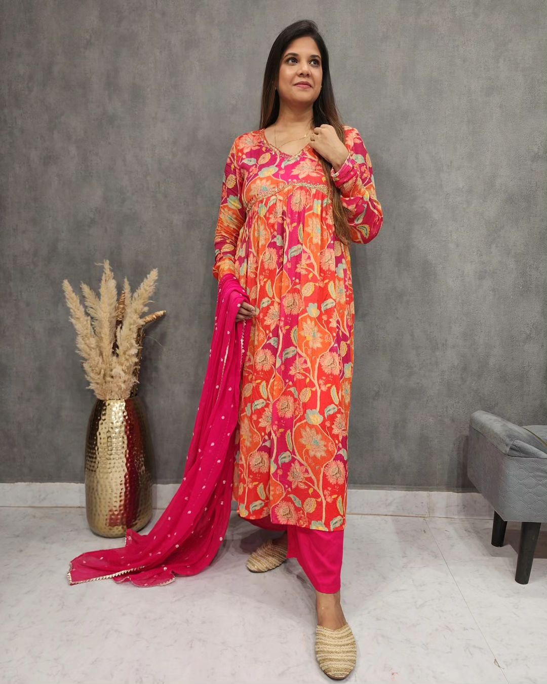 Traditional Wear Women Dresses, Maslin Fabric Embroidered Work Alia Cut Anarkali Style Kurti With Pant And Dupatta Set, Full Flared Dress