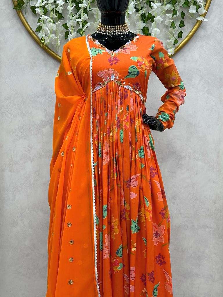 Beautiful Designer Alia Cut Suit On Muslin Cotton febric with Inner and Digital print with Hand work and Pent