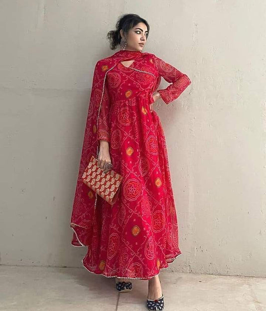 Indian Style Women's Georgette Bandhani Print Stylish Gown For Women & Girls Exclusive Beautiful Stitched Bollywood Angrakh Style Dresses