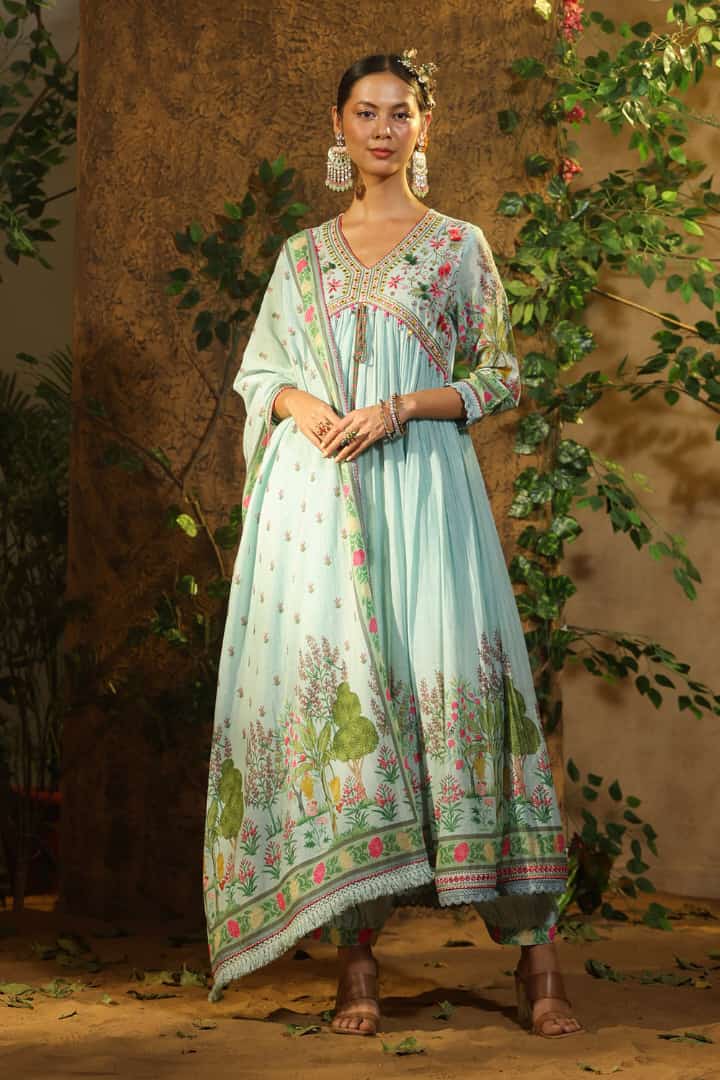 Blue Muslin Anarkali Kurti Long Gown Afghani Pant With Dupatta Set Des