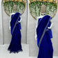 Royal Blue Wedding Saree - Traditional Indian Silk Crepe with Velvet Blouse |Perfect Ethnic Gift for Women in USA|Elegant Indian Bridal Wear