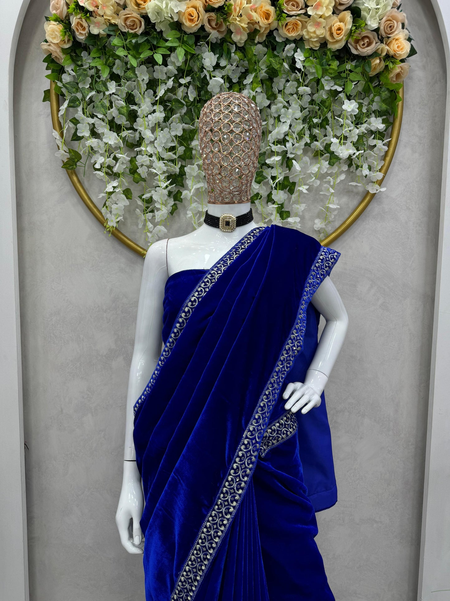 Royal Blue Wedding Saree - Traditional Indian Silk Crepe with Velvet Blouse |Perfect Ethnic Gift for Women in USA|Elegant Indian Bridal Wear