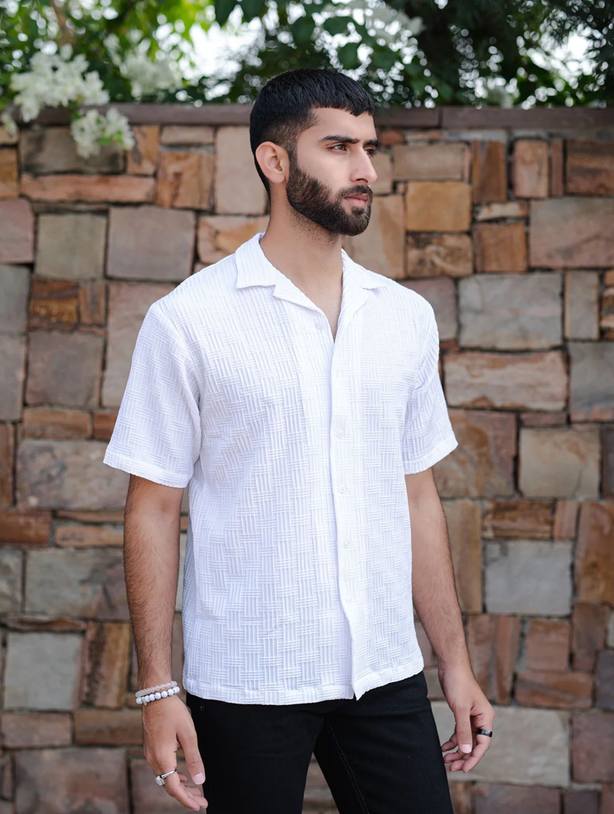 Solid beige  seersucker Half sleeve Shirt