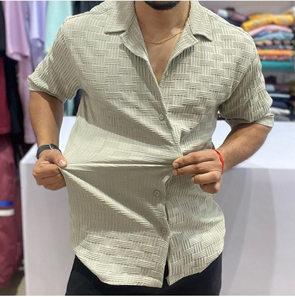 Solid beige  seersucker Half sleeve Shirt