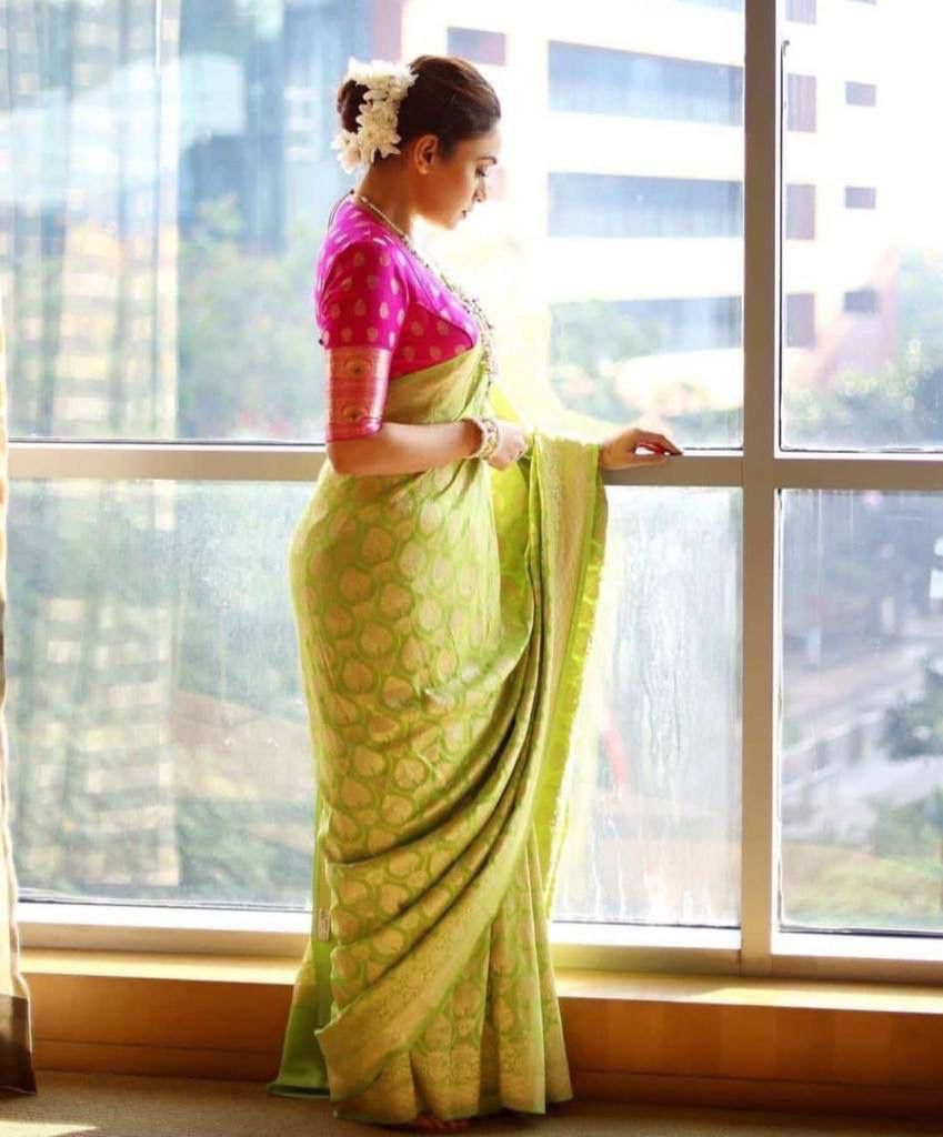 Buy Pista Green Muga Banarasi Saree Online in USA |Pink Zari Border – Pure  Elegance