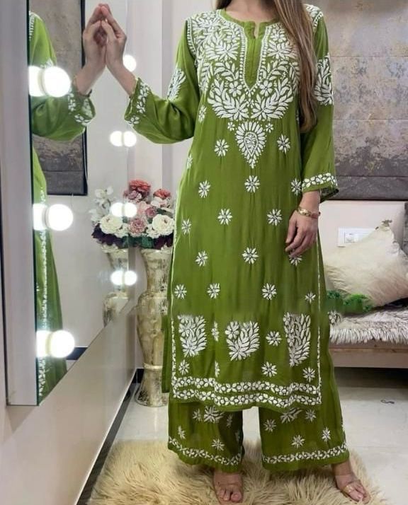 Lucknowi Chikankari Hand embroidery Premium paan boota work | Handcrafted Chikan Rayon Cotton Fancy Ethnic Wear Kurti Pant Set for women