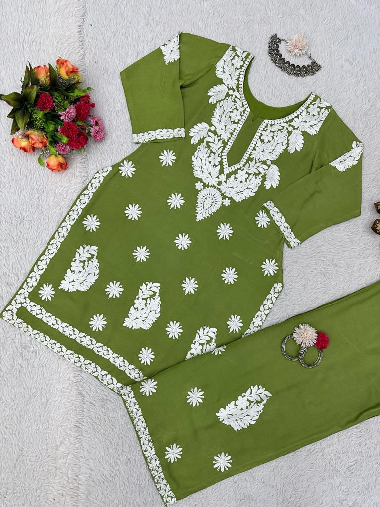 Lucknowi Chikankari Hand embroidery Premium paan boota work | Handcrafted Chikan Rayon Cotton Fancy Ethnic Wear Kurti Pant Set for women