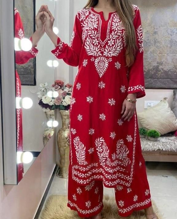 Washable Ladies Printed Long Sleeve Georgette Red Chikankari Kurti at Best  Price in Tirupur | Clover Clothing Company