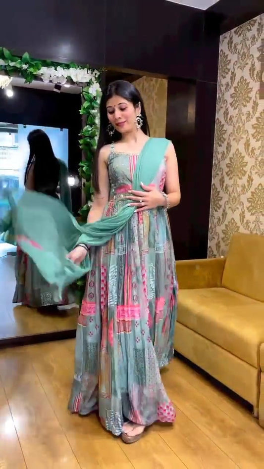 Designer muslin kurti sleeveless gown  with dupatta