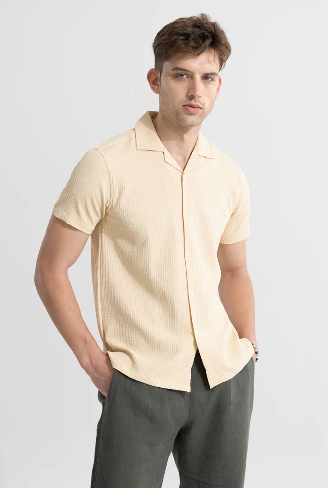 Solid beige  seersucker Half sleeve Shirt