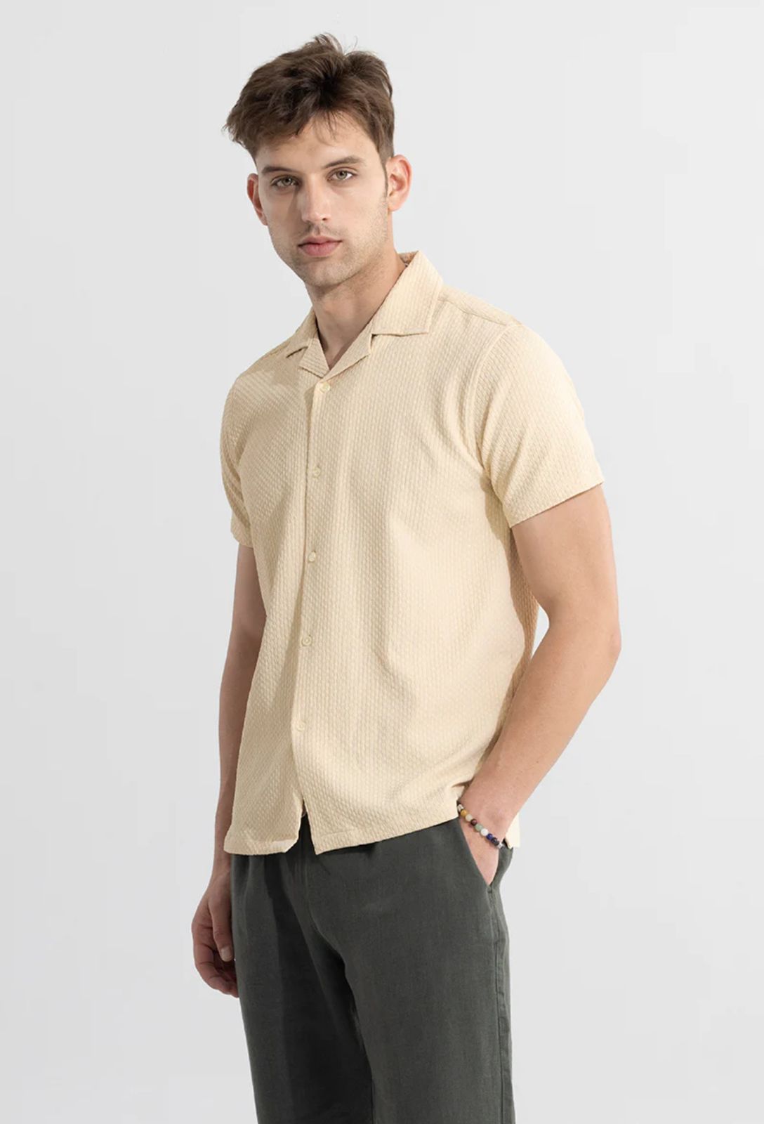 Solid beige  seersucker Half sleeve Shirt