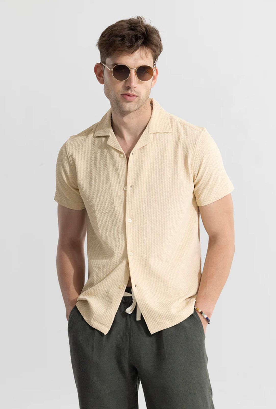 Solid beige  seersucker Half sleeve Shirt